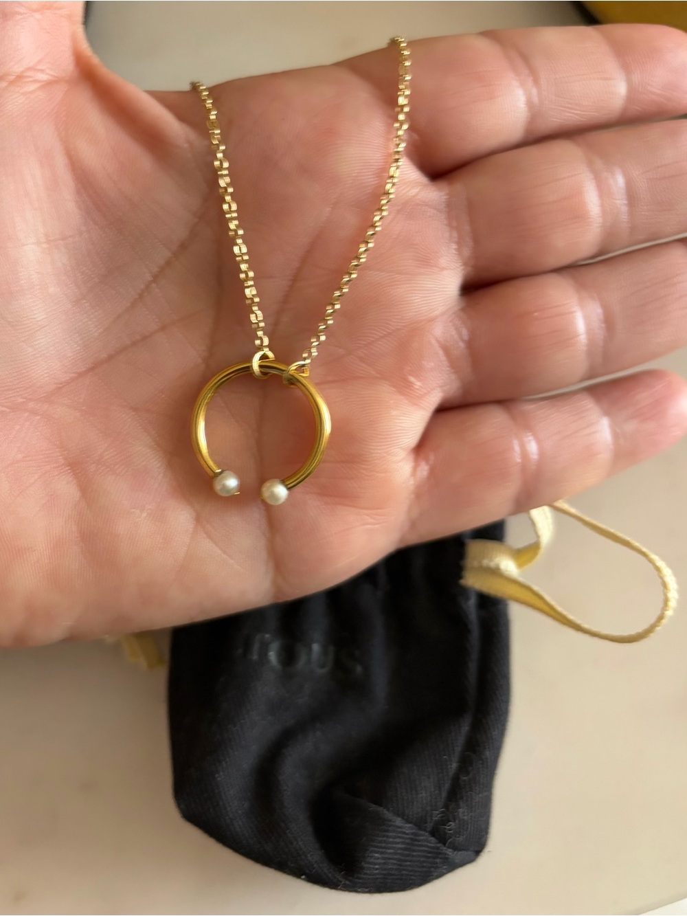 Tous Gold Open Circle Necklace with Pearl Tips